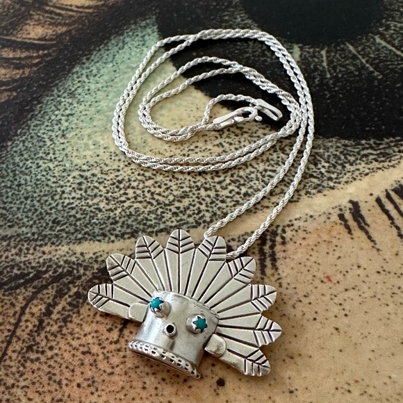 Vintage Sterling Silver Turquoise Kachina Pendant Necklace Native American Style - Picture 7 of 10